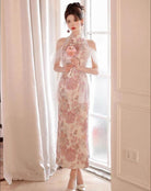 Beth and Brian Qipao-HX New Chinese style (新中式), floral pattern, sequins pink long Cheongsam
