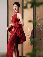 Beth and Brian Qipao-SX Backless, New Chinese style (新中式), wine red long Cheongsam