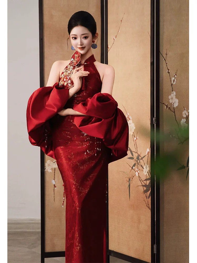 Beth and Brian Qipao-SX Backless, New Chinese style (新中式), wine red long Cheongsam