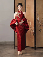 Beth and Brian Qipao-SX Backless, New Chinese style (新中式), wine red long Cheongsam