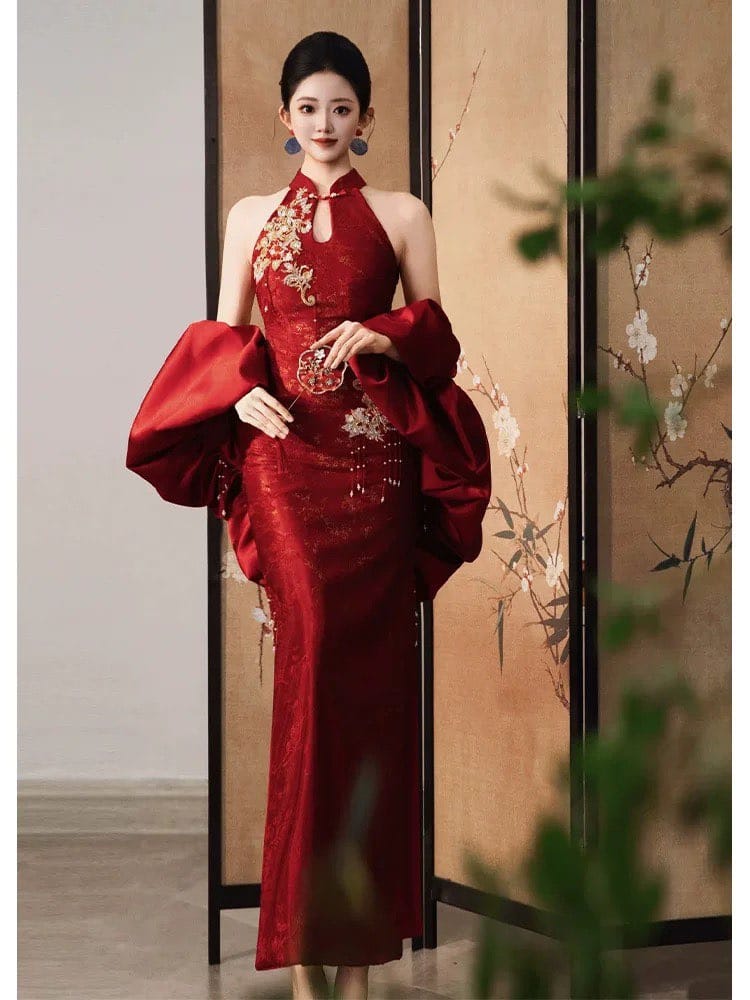 Beth and Brian Qipao-SX Backless, New Chinese style (新中式), wine red long Cheongsam