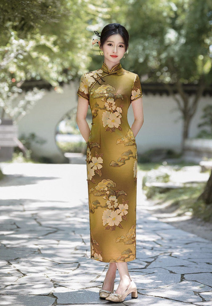 Beth and Brian Qipao-JXGZ Floral pattern, silk satin, gold long Cheongsam