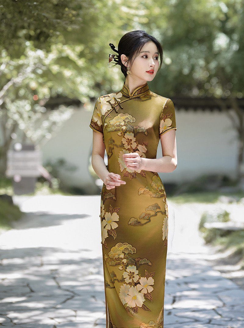 Beth and Brian Qipao-JXGZ Floral pattern, silk satin, gold long Cheongsam