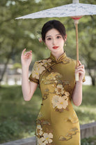 Beth and Brian Qipao-JXGZ Floral pattern, silk satin, gold long Cheongsam