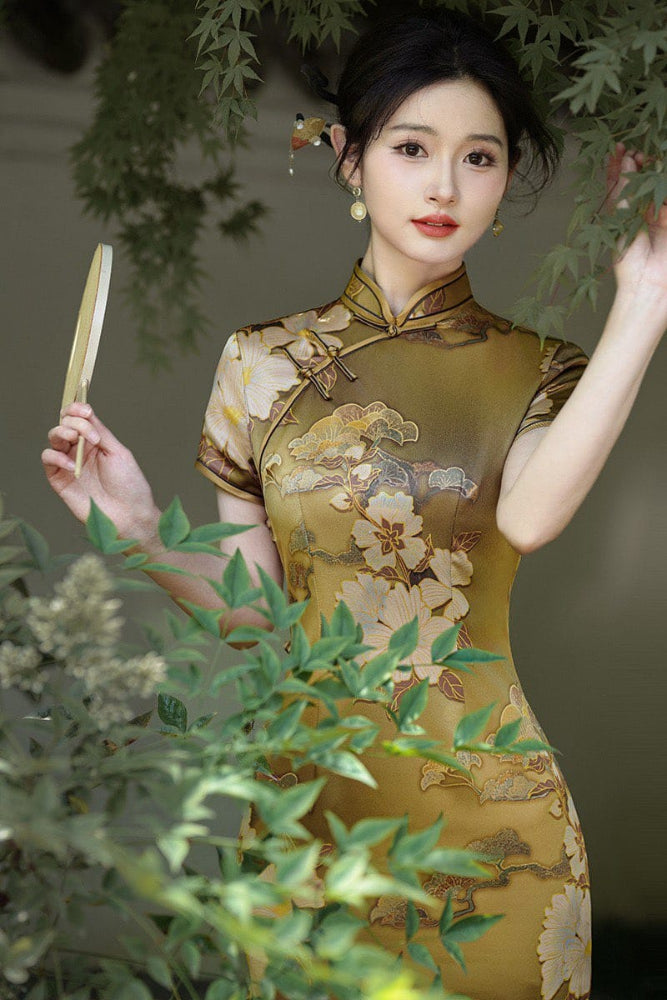 Beth and Brian Qipao-JXGZ Floral pattern, silk satin, gold long Cheongsam