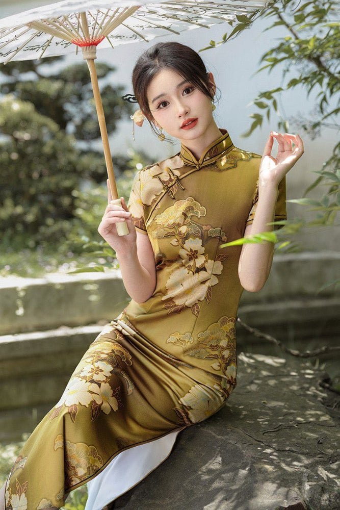 Beth and Brian Qipao-JXGZ Floral pattern, silk satin, gold long Cheongsam
