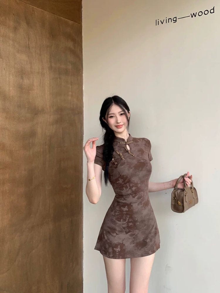 Beth and Brian Qipao-QMZ Butterfly print, short Cheongsam with short sleeves