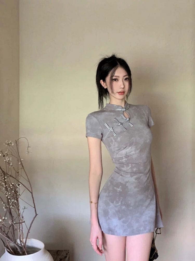 Beth and Brian Qipao-QMZ Butterfly print, short Cheongsam with short sleeves