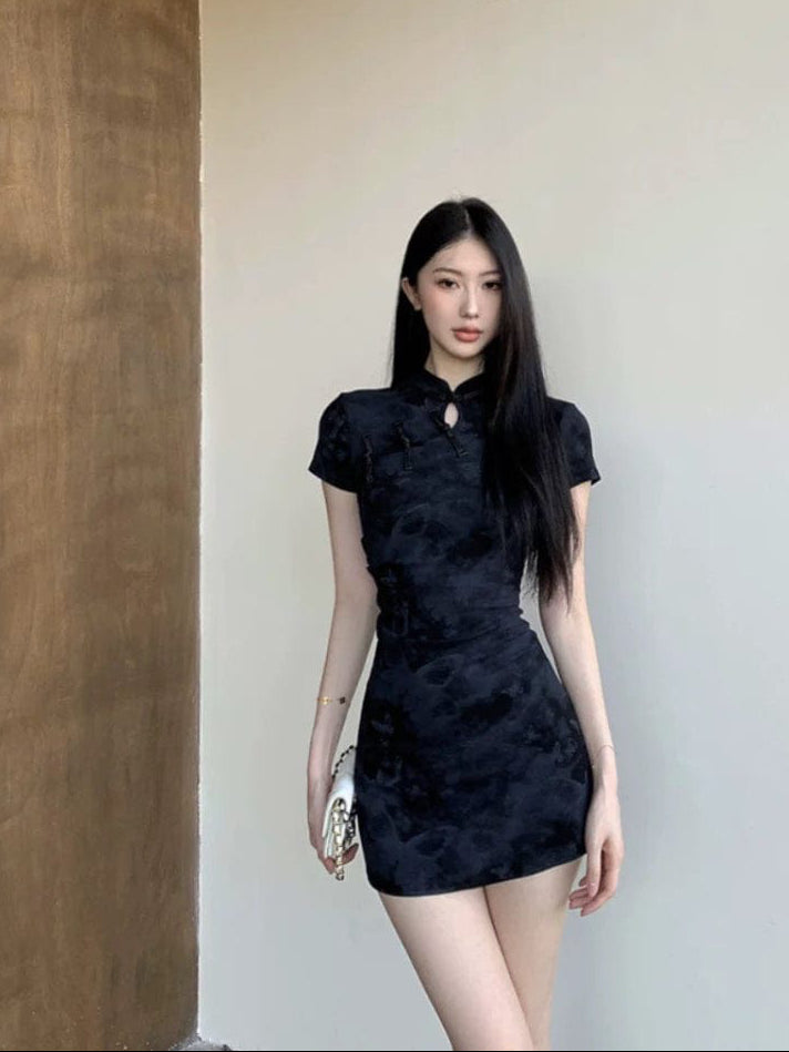 Beth and Brian Qipao-QMZ Butterfly print, short Cheongsam with short sleeves