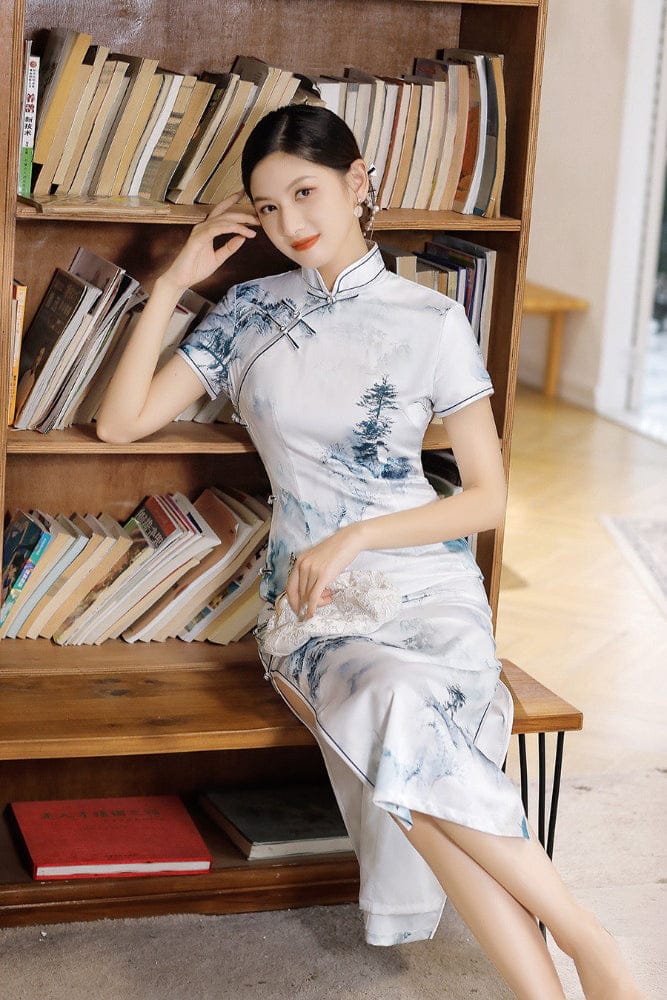 Beth and Brian Qipao-JXGZ Chinese Landscape Painting Pattern, White Long Cheongsam