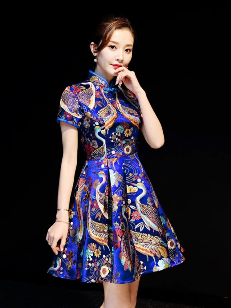 Beth and Brian Qipao-ZYX Red-crowned Crane Print, high end short Cheongsam