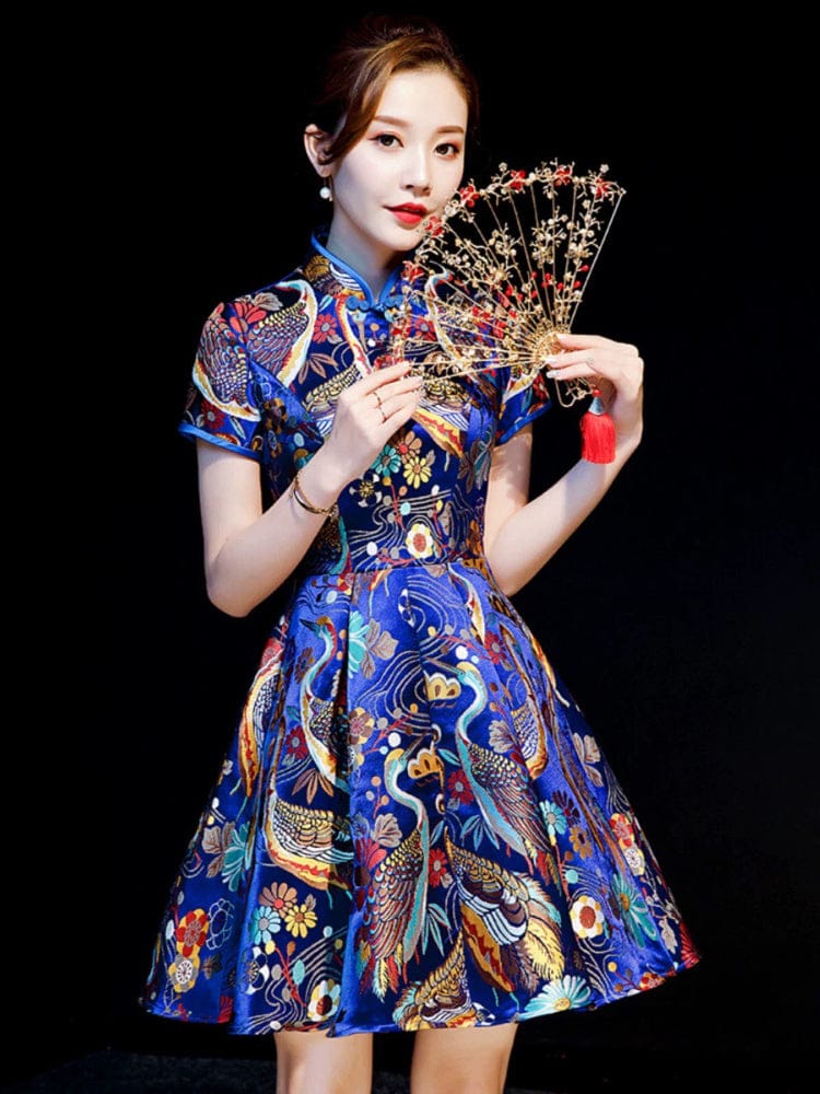 Beth and Brian Qipao-ZYX Red-crowned Crane Print, high end short Cheongsam