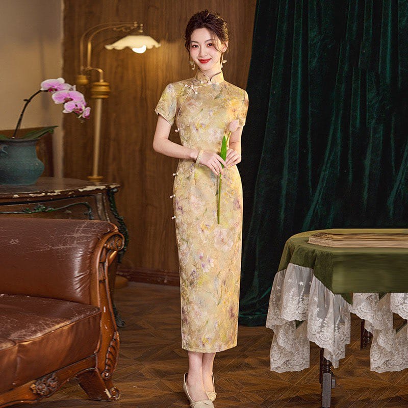 Beth and Brian Qipao-SMQ Floral pattern, jacquard satin midi Cheongsam