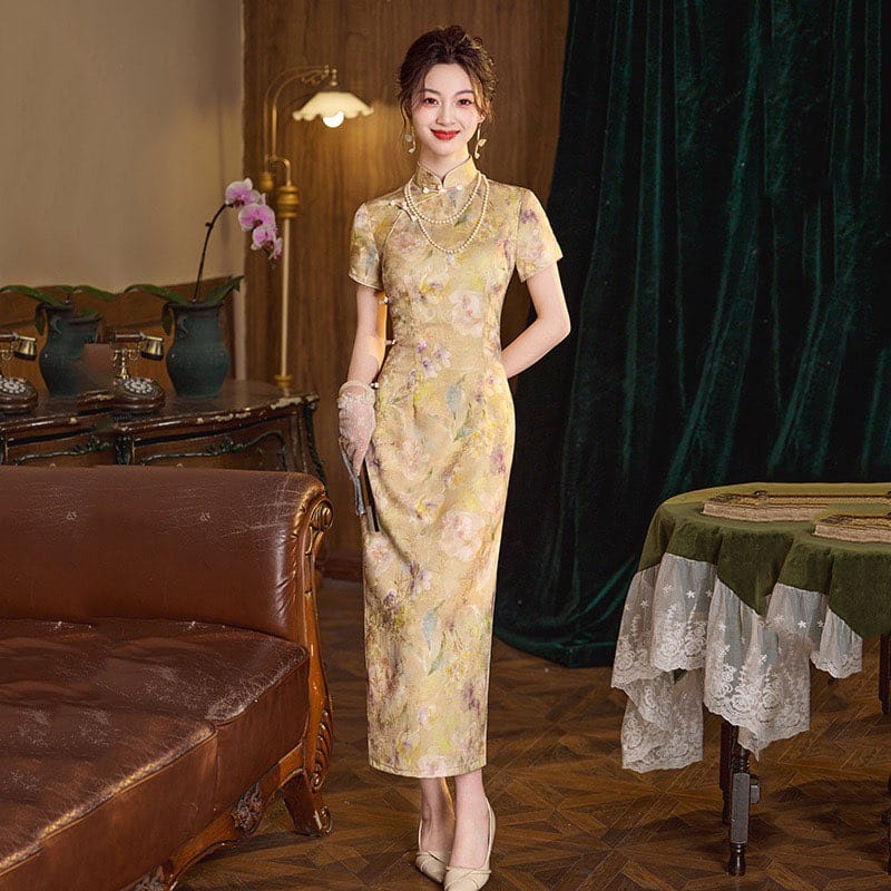 Beth and Brian Qipao-SMQ Floral pattern, jacquard satin midi Cheongsam