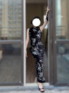 Beth and Brian Qipao-LAM Leaf embroidery, velvet black long Cheongsam