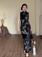 Beth and Brian Qipao-LAM Leaf embroidery, velvet black long Cheongsam