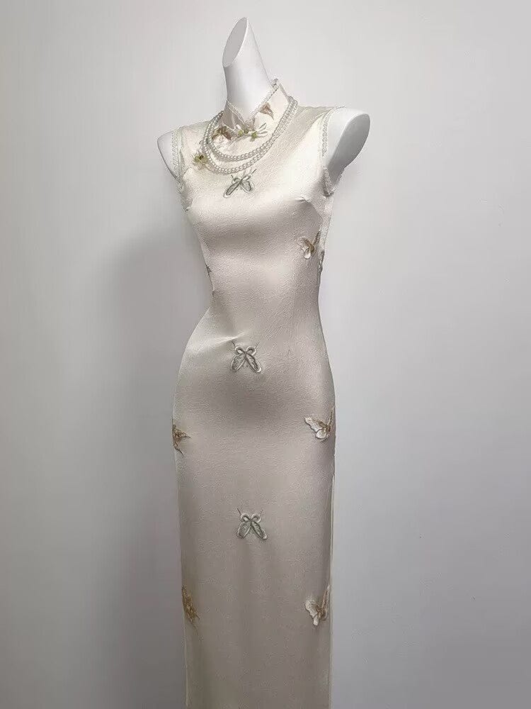Beth and Brian Qipao-SGN Butterfly embroidery, New Chinese style(新中式), satin long Cheongsam