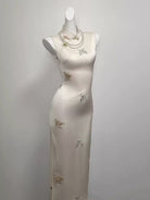 Beth and Brian Qipao-SGN Butterfly embroidery, New Chinese style(新中式), satin long Cheongsam