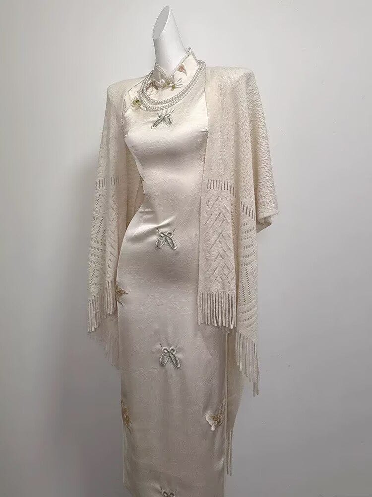 Beth and Brian Qipao-SGN Butterfly embroidery, New Chinese style(新中式), satin long Cheongsam