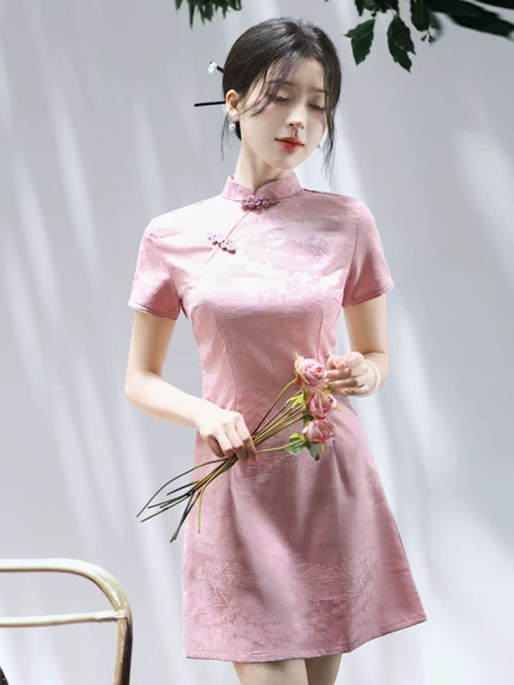 Beth and Brian Qipao-SGN A-line, acetate jacquard short Cheongsam