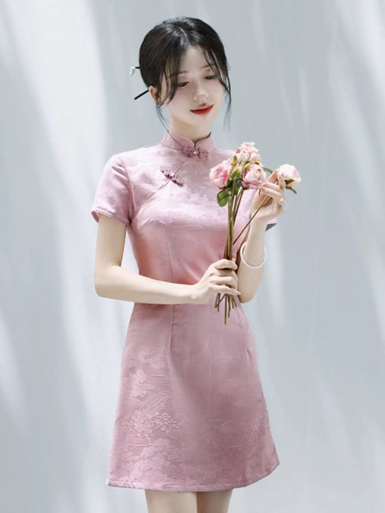 Beth and Brian Qipao-SGN A-line, acetate jacquard short Cheongsam
