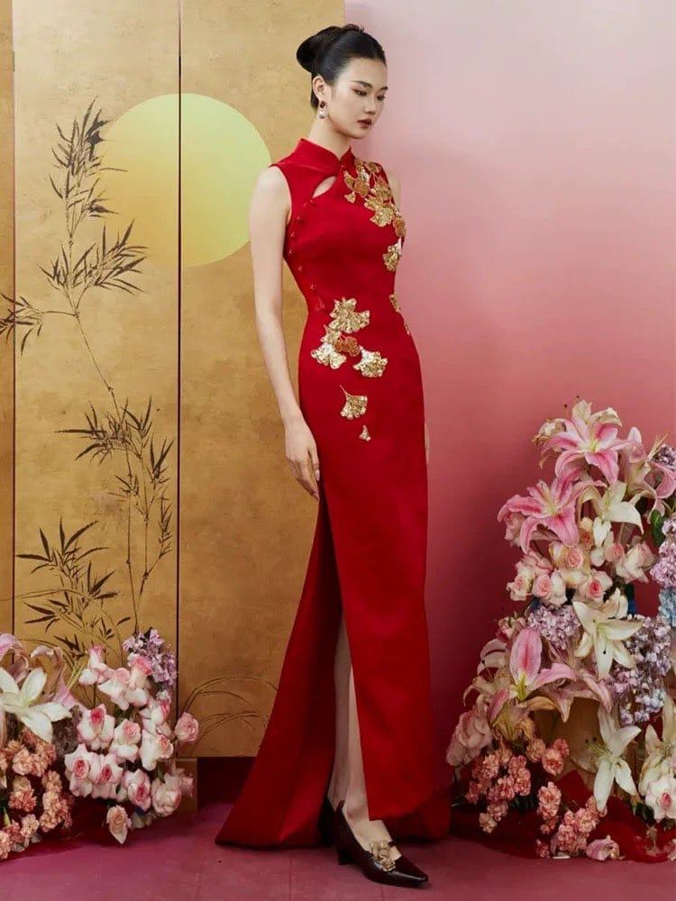 Beth and Brian Qipao-SX Ginkgo Leaf Embroidery, Hollow Out Wedding long Cheongsam