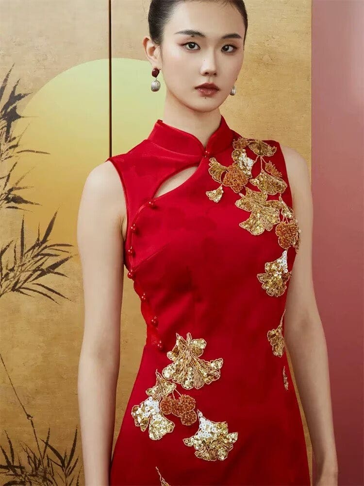 Beth and Brian Qipao-SX Ginkgo Leaf Embroidery, Hollow Out Wedding long Cheongsam