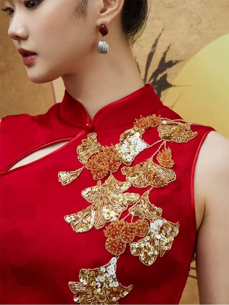 Beth and Brian Qipao-SX Ginkgo Leaf Embroidery, Hollow Out Wedding long Cheongsam