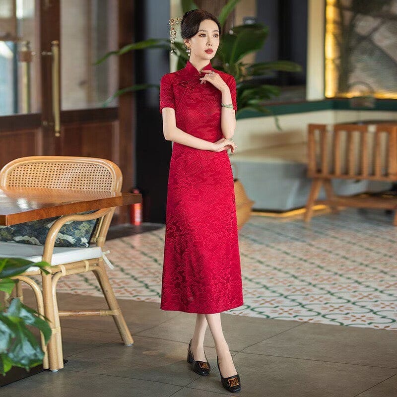 Beth and Brian Qipao-SYG Plus size, Auspicious Cloud Pattern, Red midi A-line Cheongsam