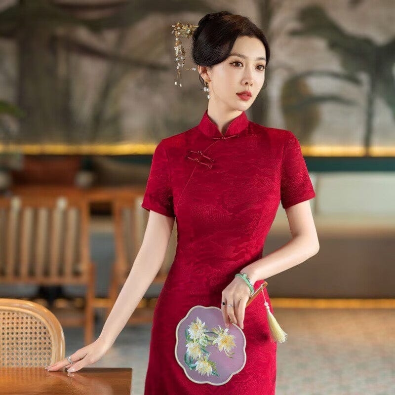 Beth and Brian Qipao-SYG Plus size, Auspicious Cloud Pattern, Red midi A-line Cheongsam