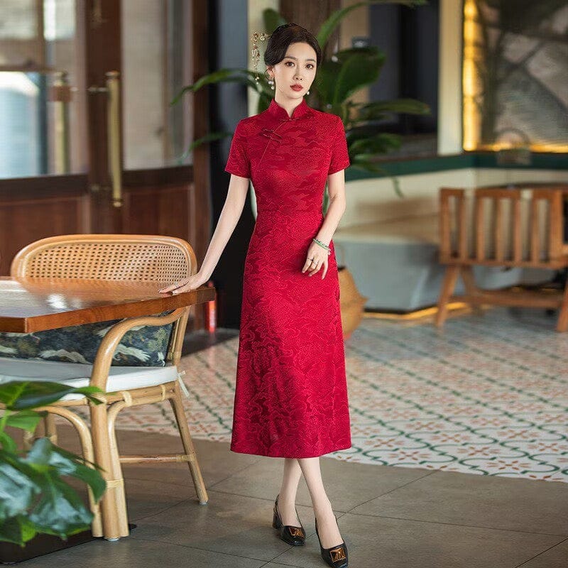 Beth and Brian Qipao-SYG Plus size, Auspicious Cloud Pattern, Red midi A-line Cheongsam