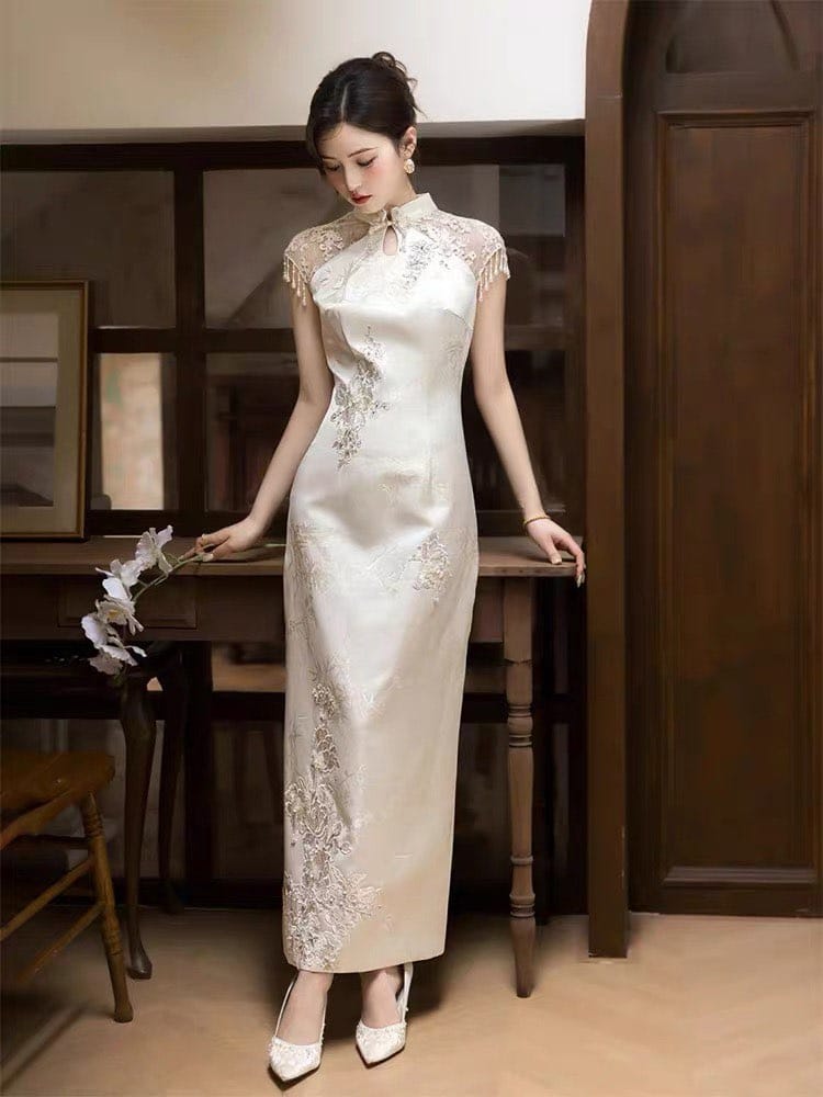 Beth and Brian Qipao-SX Water drop collar, wedding champagne long Cheongsam