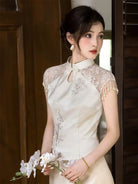 Beth and Brian Qipao-SX Water drop collar, wedding champagne long Cheongsam