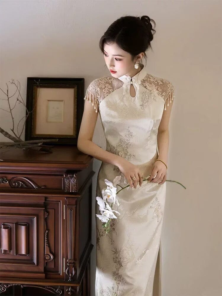 Beth and Brian Qipao-SX Water drop collar, wedding champagne long Cheongsam