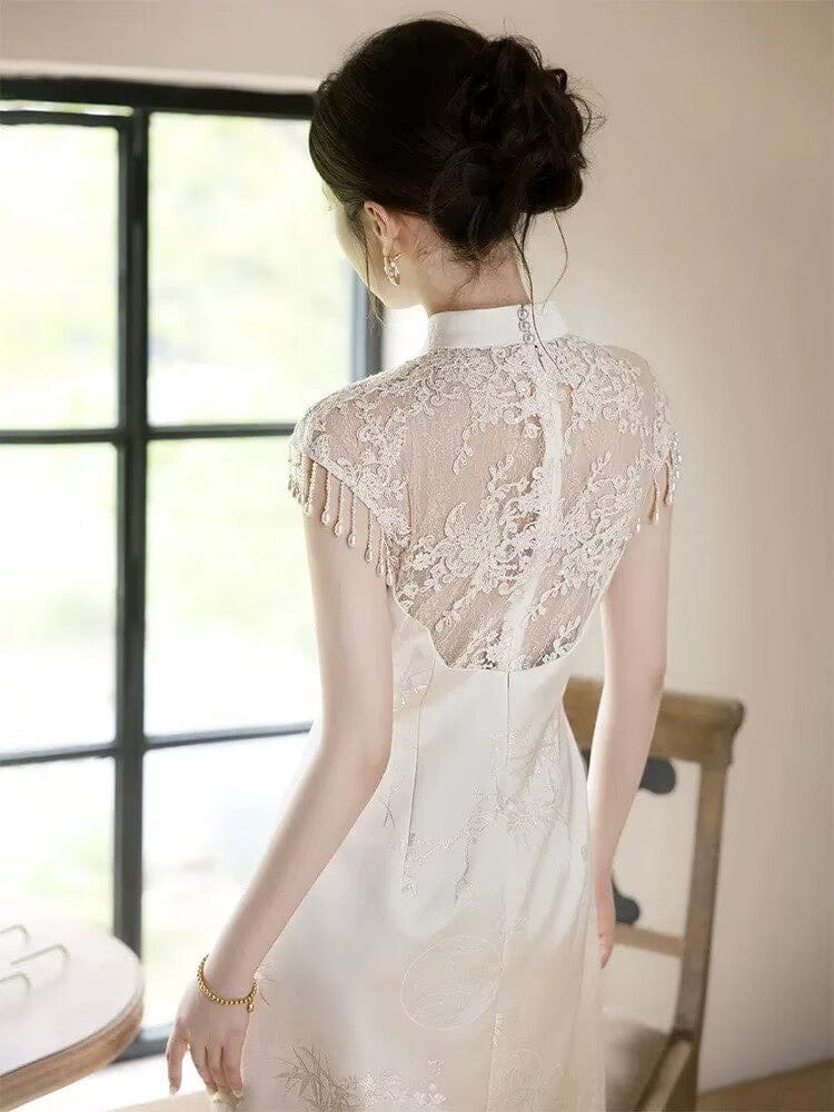 Beth and Brian Qipao-SX Water drop collar, wedding champagne long Cheongsam