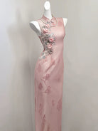 Beth and Brian Qipao-SGN Floral embroidery, jacquard pink long Cheongsam