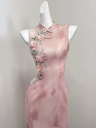 Beth and Brian Qipao-SGN Floral embroidery, jacquard pink long Cheongsam