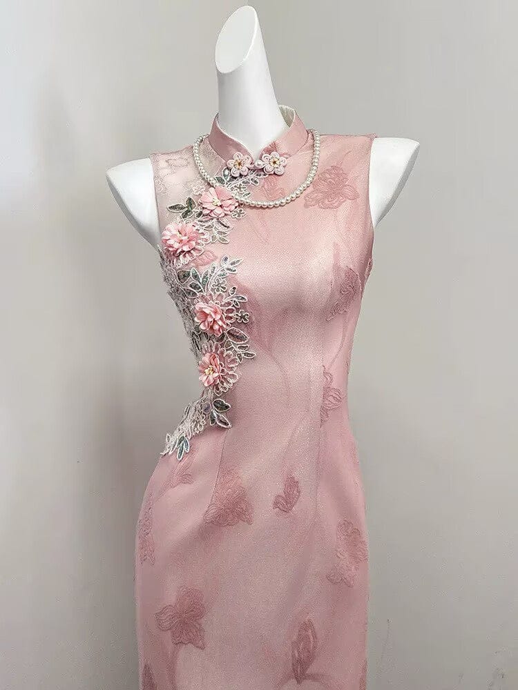 Beth and Brian Qipao-SGN Floral embroidery, jacquard pink long Cheongsam