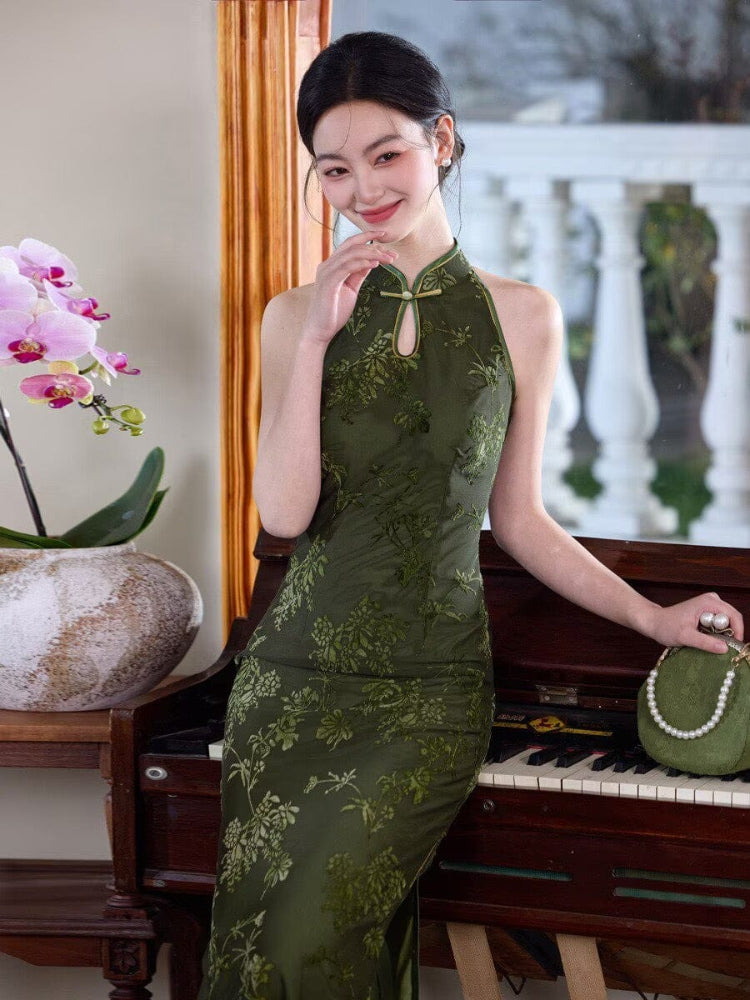 Beth and Brian Qipao-MYJ New Chinese style (新中式), floral pattern, green midi Cheongsam