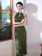 Beth and Brian Qipao-MYJ New Chinese style (新中式), floral pattern, green midi Cheongsam