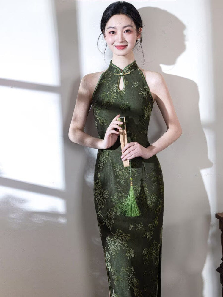 Beth and Brian Qipao-MYJ New Chinese style (新中式), floral pattern, green midi Cheongsam