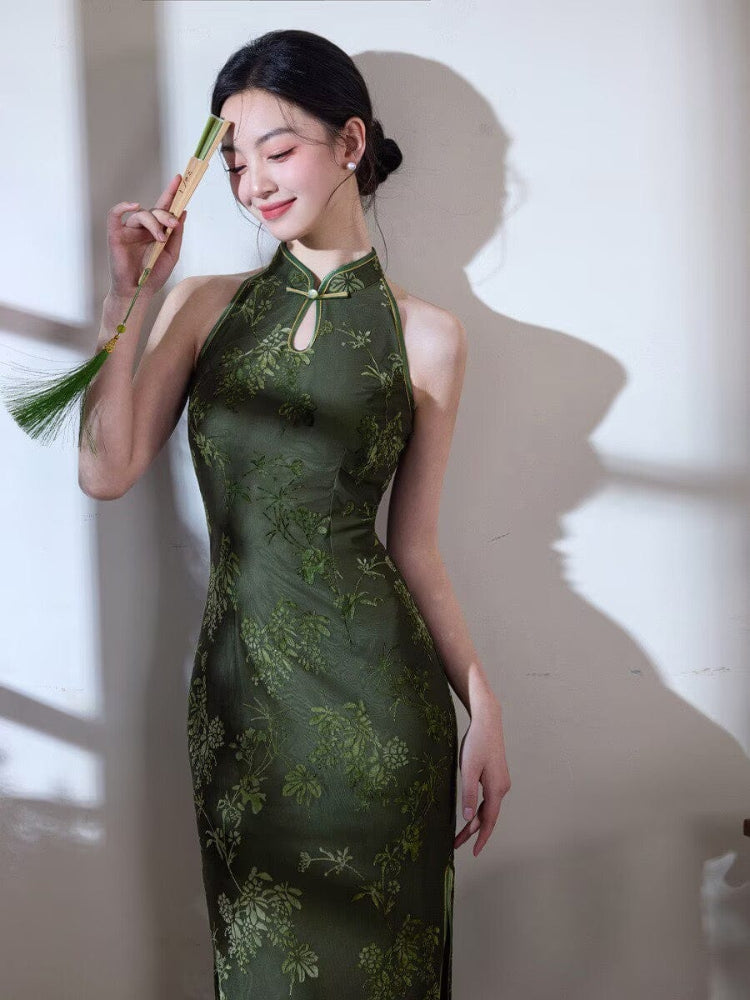 Beth and Brian Qipao-MYJ New Chinese style (新中式), floral pattern, green midi Cheongsam