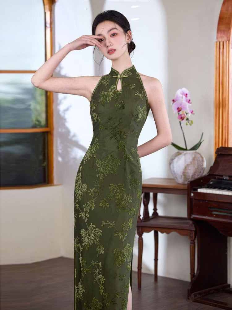 Beth and Brian Qipao-MYJ New Chinese style (新中式), floral pattern, green midi Cheongsam