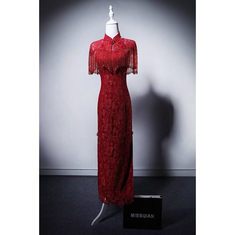 BethandBrianQipao-MY Floral pattern, red&champagne long wedding Cheongsam with shawl set