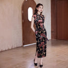 Beth and Brian Qipao-MYJ Floral pattern, velvet black long Cheongsam with raglan sleeves