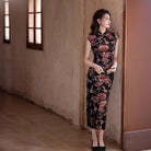 Beth and Brian Qipao-MYJ Floral pattern, velvet black long Cheongsam with raglan sleeves