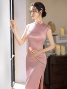 Beth and Brian Qipao-XLY Floral embroidery, acetate satin fabric, pink&white long Cheongsam