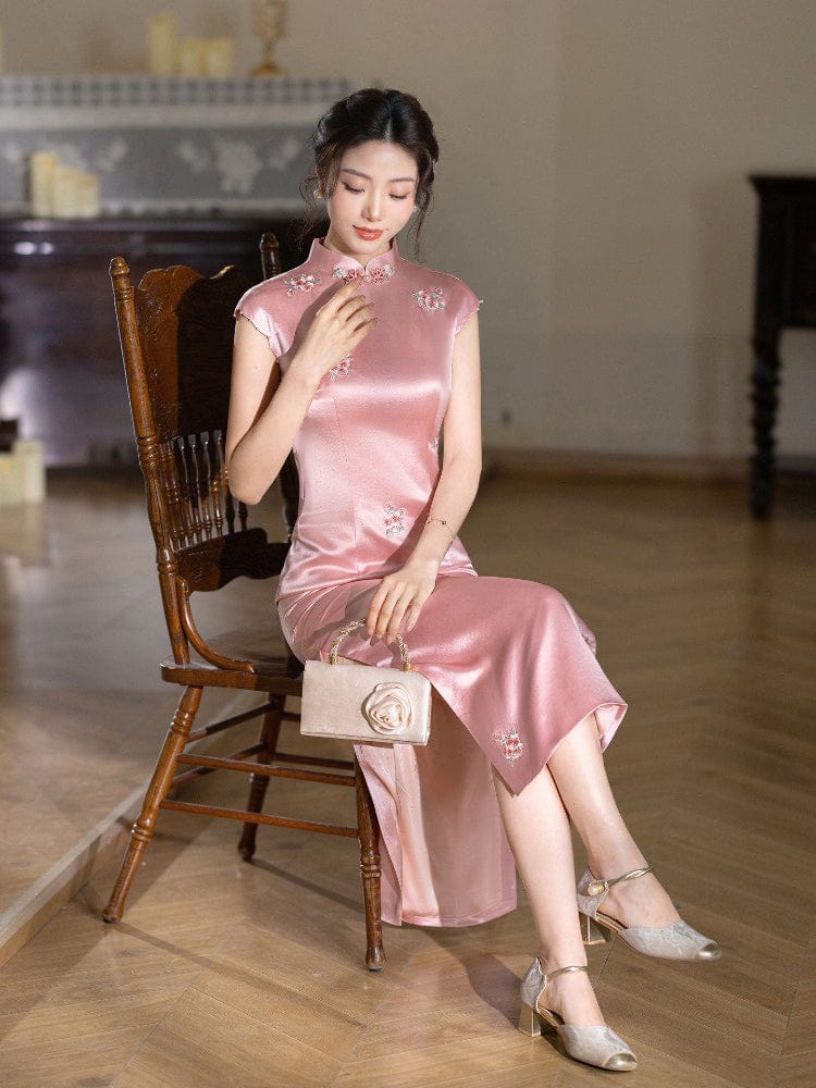 Beth and Brian Qipao-XLY Floral embroidery, acetate satin fabric, pink&white long Cheongsam