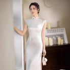 Beth and Brian Qipao-XLY Floral embroidery, acetate satin fabric, pink&white long Cheongsam