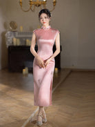 Beth and Brian Qipao-XLY Floral embroidery, acetate satin fabric, pink&white long Cheongsam